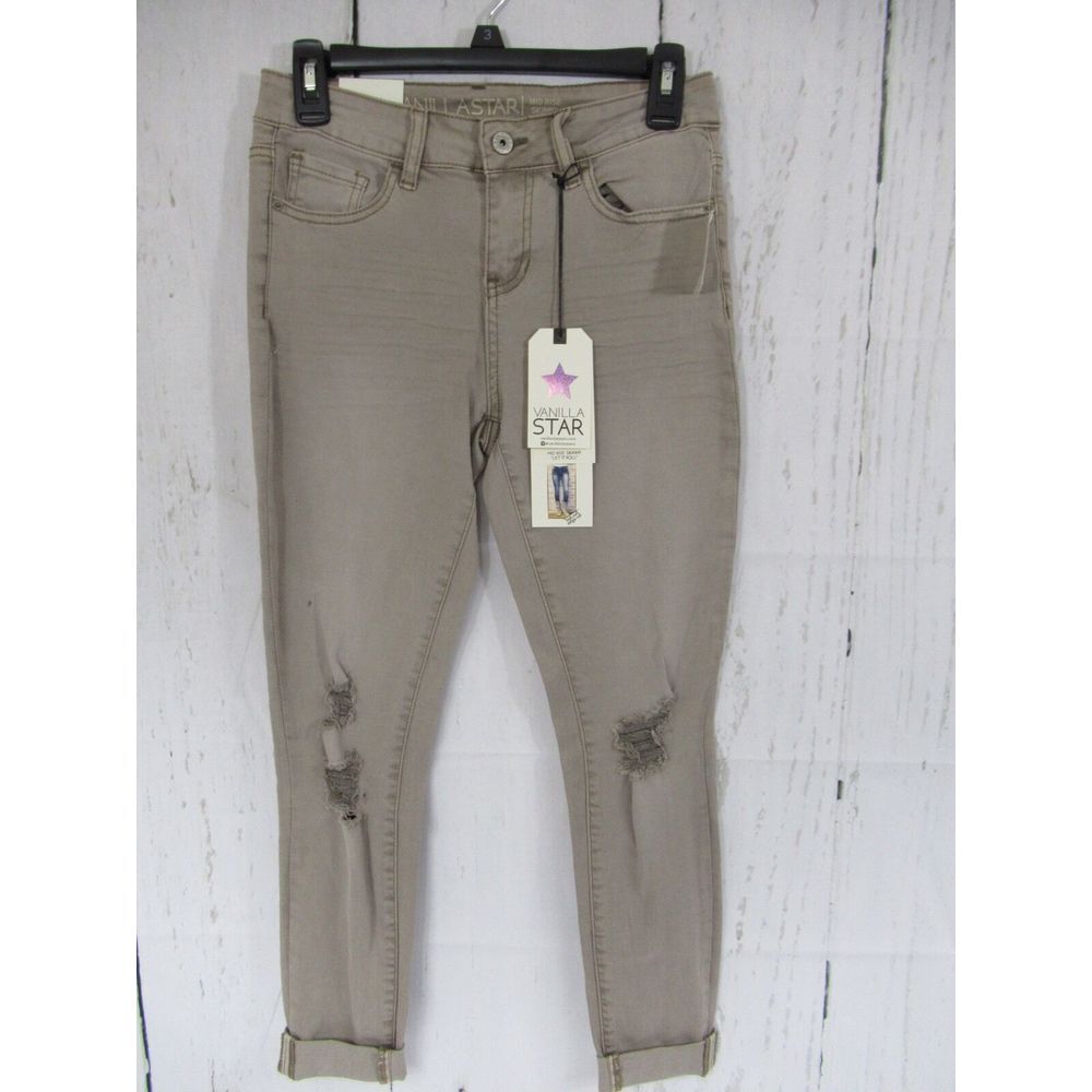 NEW Vanilla Star "Let It Roll" Jeans Distressed Size 3 Mid-rise Skinny Tan A7
